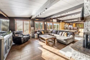 Living room with couches, end tables and a lot of windows